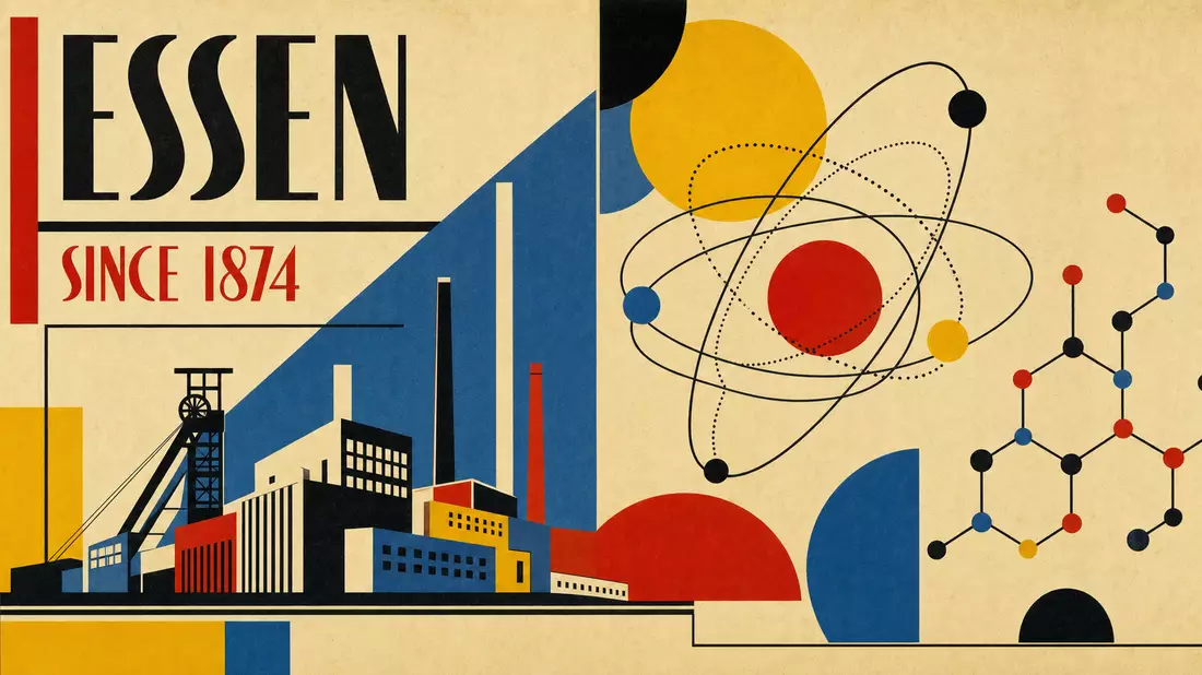 Bauhaus-Poster mit geometrischem Atommodell, hexagonaler Molekülstruktur, Industriesilhouette und Text ESSEN SINCE 1874