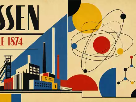 Geometrisches Bauhaus-Plakat mit Atommodell, Molekülstruktur und Schriftzug ESSEN / SINCE 1874 – historische Industrieästhetik passend zu Brenntag SE (ISIN DE000A1DAHH0) - Foto: THN