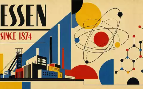 Geometrisches Bauhaus-Plakat mit Atommodell, Molekülstruktur und Schriftzug ESSEN / SINCE 1874 – historische Industrieästhetik passend zu Brenntag SE (ISIN DE000A1DAHH0) - Foto: THN