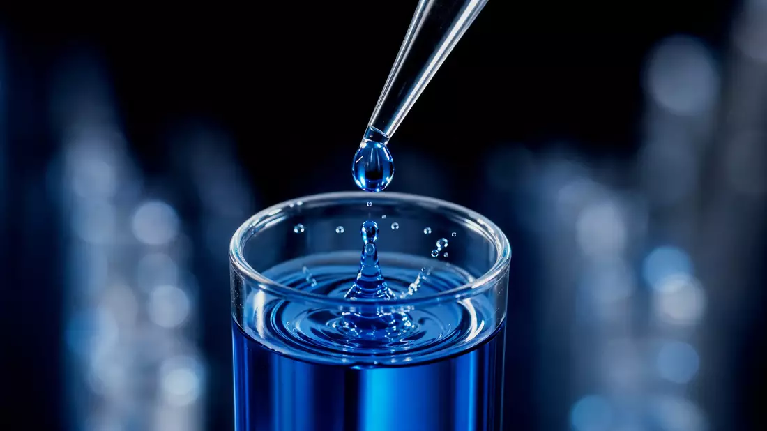 Makroaufnahme: Blauer Flüssigkeitstropfen fällt aus Pipette in Reagenzglas und erzeugt Spritzer, dun