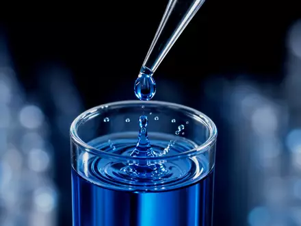 Extreme Makroaufnahme eines Glaszylinders mit blauer Flüssigkeit, in den ein einzelner Tropfen aus einer Pipette fällt – präzise Laborarbeit wie bei Brenntag SE (ISIN DE000A1DAHH0) - Foto: THN