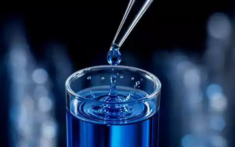 Extreme Makroaufnahme eines Glaszylinders mit blauer Flüssigkeit, in den ein einzelner Tropfen aus einer Pipette fällt – präzise Laborarbeit wie bei Brenntag SE (ISIN DE000A1DAHH0) - Foto: THN