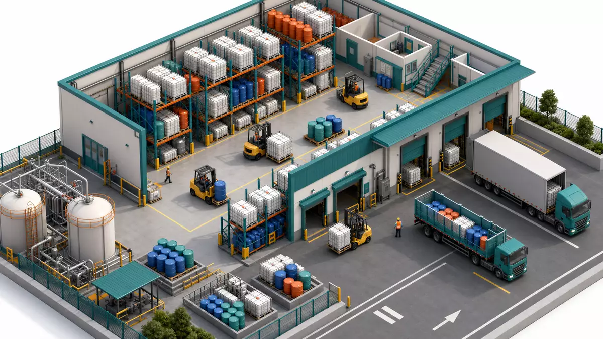 Isometrischer 3D-Render eines Chemielagers mit Hochregalsystem, IBC-Containern, gelben Gabelstaplern und Lkw