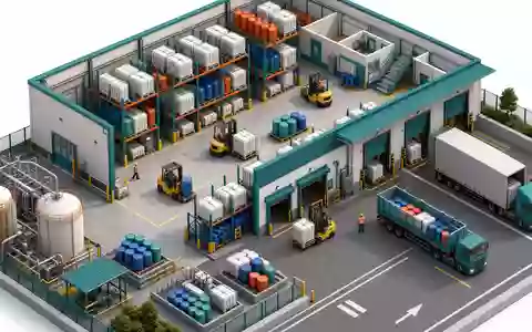 Isometrischer 3D-Miniatur-Render eines Chemiedistributionslagers mit Hochregalen, Gabelstaplern und Verladedocks – idealtypisches Betriebsbild von Brenntag SE (ISIN DE000A1DAHH0) - Foto: THN