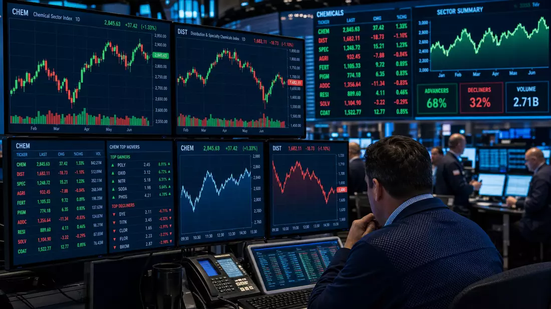 Börsenhändler vor mehreren Trading-Monitoren mit Candlestick-Charts und Chemie-Sektorindizes in blau
