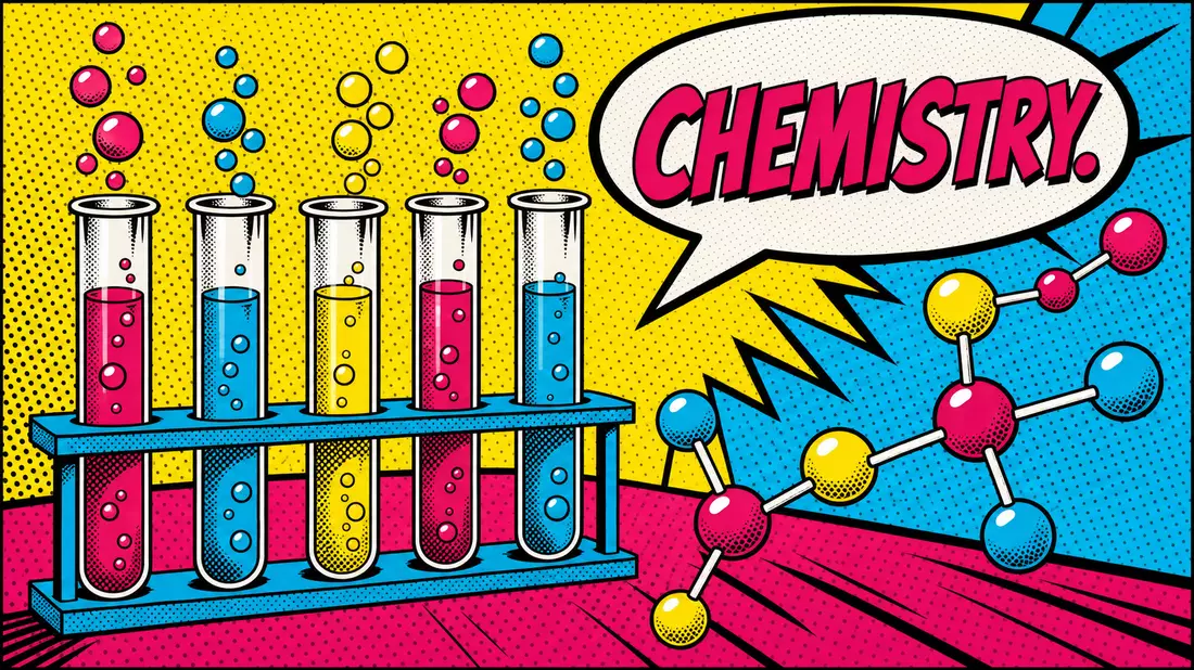 Pop-Art-Comic mit fünf farbigen Reagenzgläsern, Molekülstruktur, Halbtonpunkten und Sprechblase CHEMISTRY