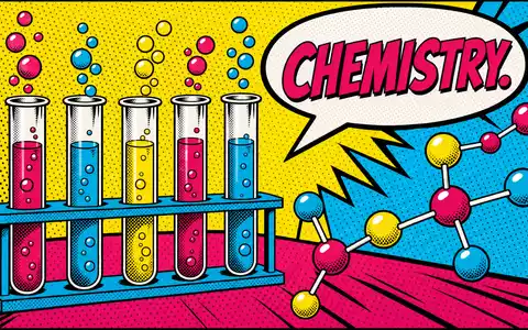Pop-Art-Illustration mit bunten Reagenzgläsern, Molekülmodell und Sprechblase CHEMISTRY – verspielte Hommage an die Chemiebranche von Brenntag SE (ISIN DE000A1DAHH0) - Foto: THN