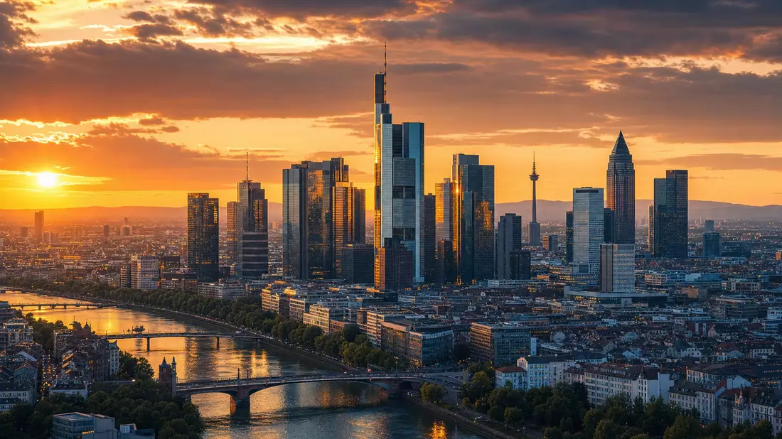 Frankfurter Bankenviertel-Skyline bei Sonnenuntergang mit Hochhäusern und Mainreflexion