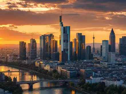 Fotorealistisches Panoramabild des Frankfurter Bankenviertels bei Sonnenuntergang, erstellt für Commerzbank AG (ISIN DE000CBK1001). Die Skyline spiegelt sich im Main, dramatische Wolken und goldenes Abendlicht - Foto: THN