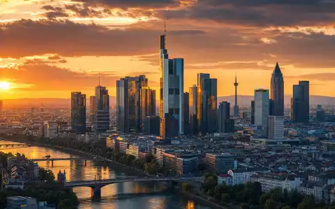 Fotorealistisches Panoramabild des Frankfurter Bankenviertels bei Sonnenuntergang, erstellt für Commerzbank AG (ISIN DE000CBK1001). Die Skyline spiegelt sich im Main, dramatische Wolken und goldenes Abendlicht - Foto: THN
