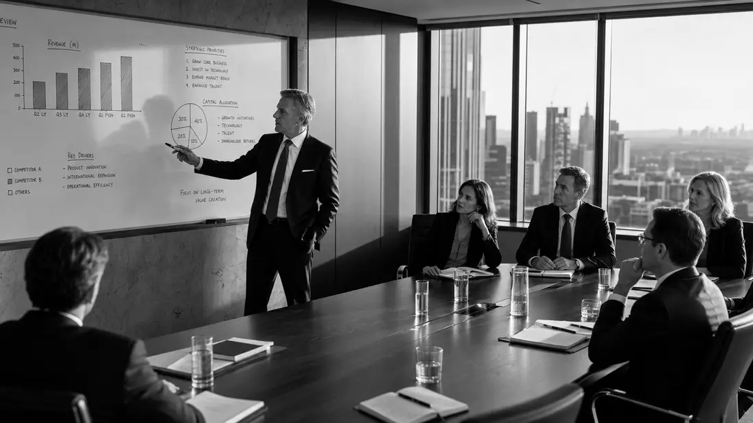 Banker im Sitzungssaal mit Whiteboard und Finanzkennzahlen, Schwarzweiß-Reportage