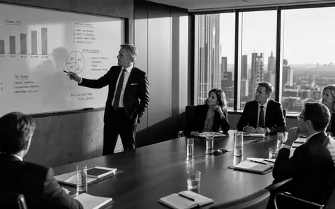 Schwarzweiß-Reportagefoto für Commerzbank AG (ISIN DE000CBK1001): Banker im Sitzungssaal präsentiert vor einem Whiteboard mit Finanzkennzahlen und Charts. Hochkontrastiges Dokumentarfoto mit natürlichem Fensterlicht - Foto: THN