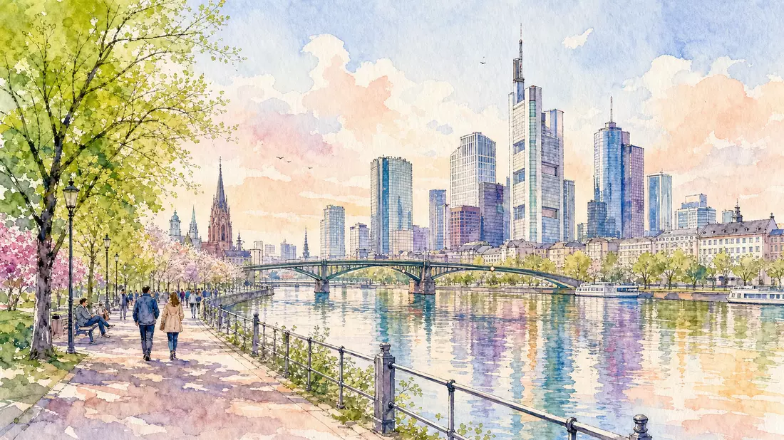 Aquarell Frankfurter Mainufer mit Bankentürmen in Pastell, Frühlingsstimmung