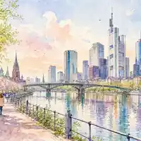 Aquarell-Illustration des Frankfurter Mainufers in Pastelltönen, thematisch passend zur Commerzbank AG (ISIN DE000CBK1001). Bankentürme spiegeln sich im Fluss, Spaziergänger auf dem Uferweg, Frühlingsstimmung - Foto: THN