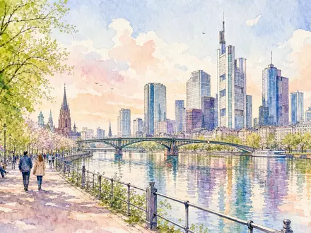 Aquarell-Illustration des Frankfurter Mainufers in Pastelltönen, thematisch passend zur Commerzbank AG (ISIN DE000CBK1001). Bankentürme spiegeln sich im Fluss, Spaziergänger auf dem Uferweg, Frühlingsstimmung - Foto: THN
