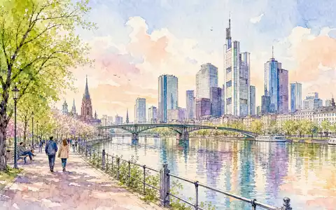 Aquarell-Illustration des Frankfurter Mainufers in Pastelltönen, thematisch passend zur Commerzbank AG (ISIN DE000CBK1001). Bankentürme spiegeln sich im Fluss, Spaziergänger auf dem Uferweg, Frühlingsstimmung - Foto: THN