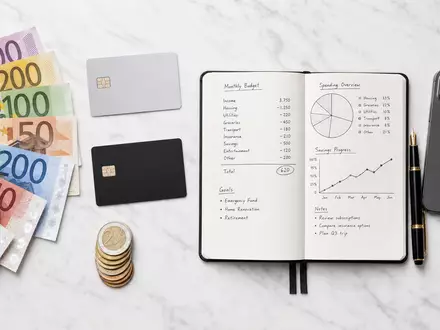 Top-down-Flatlay für Commerzbank AG (ISIN DE000CBK1001): Euroscheine, Münzen, ungebrandete Kreditkarten, aufgeschlagenes Notizbuch mit Budgetübersicht und Grafiken, Füller sowie Smartphone auf Marmorgrund - Foto: THN