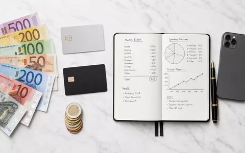 Top-down-Flatlay für Commerzbank AG (ISIN DE000CBK1001): Euroscheine, Münzen, ungebrandete Kreditkarten, aufgeschlagenes Notizbuch mit Budgetübersicht und Grafiken, Füller sowie Smartphone auf Marmorgrund - Foto: THN