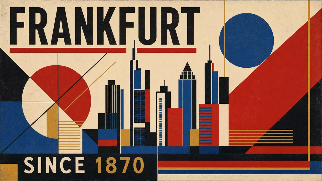 Bauhaus-Poster FRANKFURT SINCE 1870 mit geometrischer Skyline in Rot, Blau und Schwarz