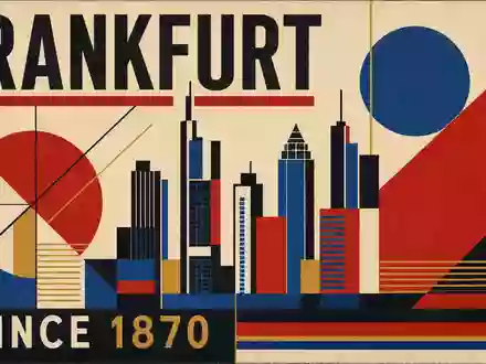 Vintage Bauhaus-Poster im Konstruktivismus-Stil für Commerzbank AG (ISIN DE000CBK1001). Geometrische Formen in Rot, Blau und Schwarz, stilisierte Hochhaus-Skyline, Schriftzug FRANKFURT und SINCE 1870 - Foto: THN