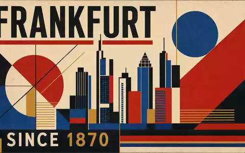 Vintage Bauhaus-Poster im Konstruktivismus-Stil für Commerzbank AG (ISIN DE000CBK1001). Geometrische Formen in Rot, Blau und Schwarz, stilisierte Hochhaus-Skyline, Schriftzug FRANKFURT und SINCE 1870 - Foto: THN