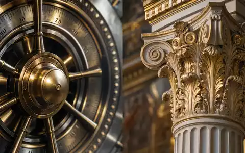 Makrofotografie eines Tresortür-Kombinationsrads und eines vergoldeten korinthischen Säulenkapitells für Commerzbank AG (ISIN DE000CBK1001). Poliertes Messing, Detailschärfe, dramatisches Streiflicht - Foto: THN