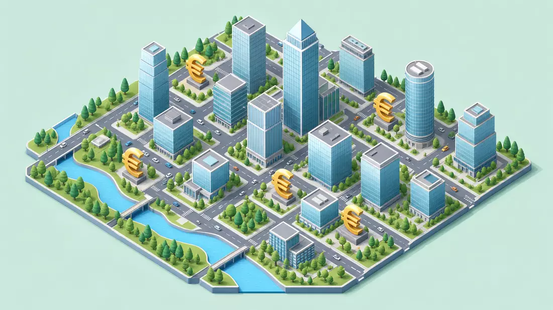 Isometrischer 3D-Render Miniatur-Bankenviertel mit Hochhäusern und Euro-Zeichen