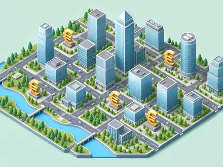 Isometrischer 3D-Render-Miniatur eines Bankenviertels für Commerzbank AG (ISIN DE000CBK1001). Spielzeughafte Hochhäuser, Euro-Zeichen-Skulpturen, Fluss, Bäume und Straßen in flacher Pastellillustration - Foto: THN
