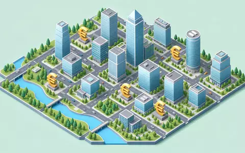 Isometrischer 3D-Render-Miniatur eines Bankenviertels für Commerzbank AG (ISIN DE000CBK1001). Spielzeughafte Hochhäuser, Euro-Zeichen-Skulpturen, Fluss, Bäume und Straßen in flacher Pastellillustration - Foto: THN