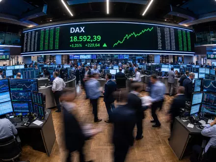 Finanz-Editorial-Fotografie des Frankfurter Börsenhandels für Commerzbank AG (ISIN DE000CBK1001). Händler an Workstations mit DAX-Anzeigetafel, Bewegungsunschärfe, Weitwinkel-Fischaugenoptik - Foto: THN