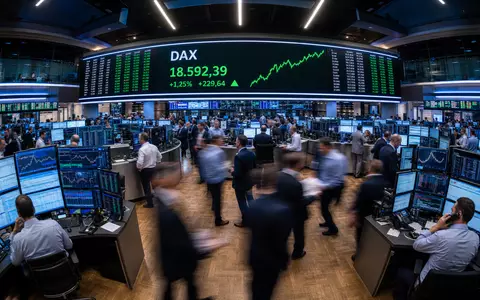 Finanz-Editorial-Fotografie des Frankfurter Börsenhandels für Commerzbank AG (ISIN DE000CBK1001). Händler an Workstations mit DAX-Anzeigetafel, Bewegungsunschärfe, Weitwinkel-Fischaugenoptik - Foto: THN