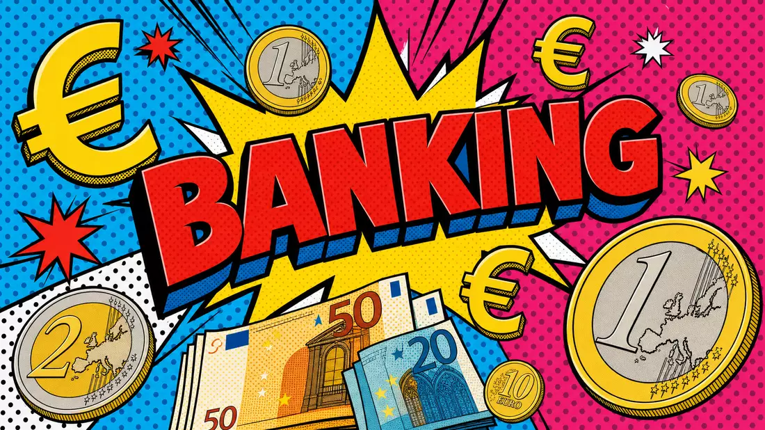 Pop-Art BANKING mit Euro-Münzen und Euro-Symbolen, Halbtondots in Cyan und Magenta