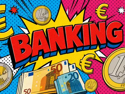 Pop-Art-Comic-Illustration für Commerzbank AG (ISIN DE000CBK1001). Euro-Münzen, Euro-Symbole und Schriftzug BANKING in kräftigen Farben mit Halbtonraster, Starburst-Formen und dicken schwarzen Konturen - Foto: THN