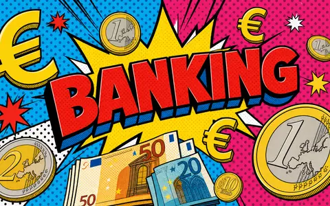 Pop-Art-Comic-Illustration für Commerzbank AG (ISIN DE000CBK1001). Euro-Münzen, Euro-Symbole und Schriftzug BANKING in kräftigen Farben mit Halbtonraster, Starburst-Formen und dicken schwarzen Konturen - Foto: THN