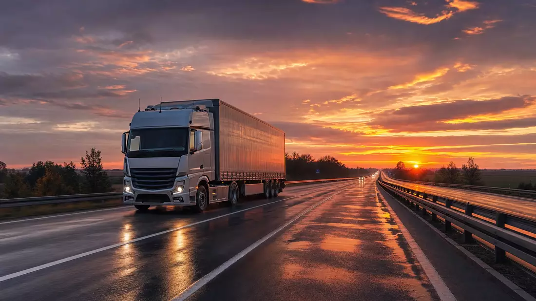 Schwerer ungebrandeter LKW mit Sattelauflieger auf nasser Autobahn bei Sonnenuntergang