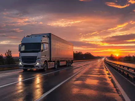Fotorealistische Aufnahme eines schweren Sattelzugs auf einer europäischen Autobahn bei dramatischer Dämmerung – passend zur Daimler Truck Holding AG (ISIN DE000DTR0CK8), dem führenden deutschen Nutzfahrzeughersteller - Foto: THN