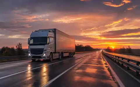 Fotorealistische Aufnahme eines schweren Sattelzugs auf einer europäischen Autobahn bei dramatischer Dämmerung – passend zur Daimler Truck Holding AG (ISIN DE000DTR0CK8), dem führenden deutschen Nutzfahrzeughersteller - Foto: THN