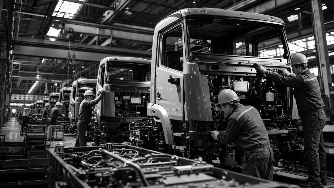 Arbeiter in Schutzhelmen montieren LKW-Kabinen an Produktionslinie in Schwarzweiß