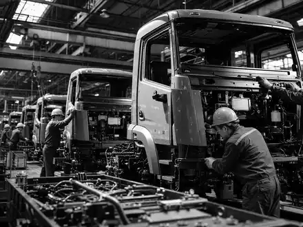 Schwarzweiß-Reportagefoto von Werksarbeitern an einer LKW-Montagelinie mit Hallenkran – symbolisiert die Fertigungskompetenz der Daimler Truck Holding AG (ISIN DE000DTR0CK8) als weltweit tätiger Nutzfahrzeughersteller - Foto: THN