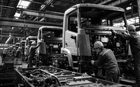Schwarzweiß-Reportagefoto von Werksarbeitern an einer LKW-Montagelinie mit Hallenkran – symbolisiert die Fertigungskompetenz der Daimler Truck Holding AG (ISIN DE000DTR0CK8) als weltweit tätiger Nutzfahrzeughersteller - Foto: THN