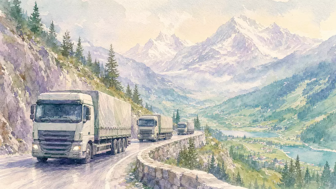 Aquarell-Illustration dreier weißer LKWs auf Bergstraße mit Alpenkulisse in Pastelltönen