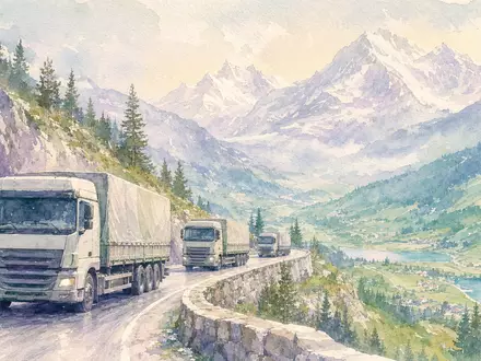 Zarte Aquarell-Illustration eines LKW-Konvois auf kurvenreicher Alpenstraße in Pastellfarben – illustriert die europäischen Transportrouten, auf denen Fahrzeuge der Daimler Truck Holding AG (ISIN DE000DTR0CK8) unterwegs sind - Foto: THN
