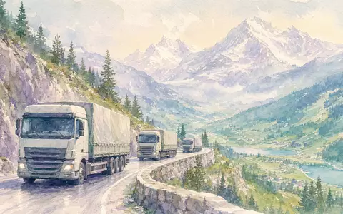 Zarte Aquarell-Illustration eines LKW-Konvois auf kurvenreicher Alpenstraße in Pastellfarben – illustriert die europäischen Transportrouten, auf denen Fahrzeuge der Daimler Truck Holding AG (ISIN DE000DTR0CK8) unterwegs sind - Foto: THN