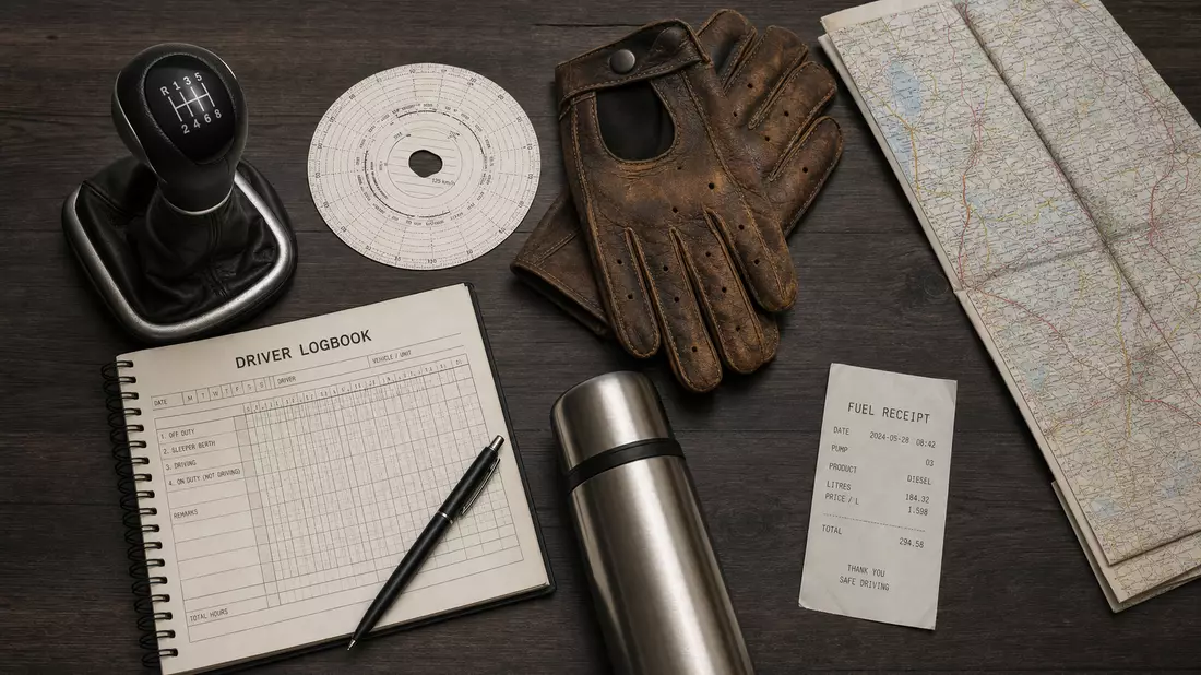 Draufsicht auf Schaltknüppel, Tachografscheibe, Lederhandschuhe, Karte und Fahrtenbuch auf dunklem Holz