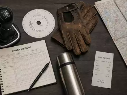 Professionelles Flatlay-Bild mit Fahrerhaus-Accessoires: Schaltknüppel, Tachografscheibe, Lederhandschuhe, Straßenkarte und Fahrtenbuch – visualisiert den Berufsalltag der Fahrer, die Fahrzeuge der Daimler Truck Holding AG (ISIN DE000DTR0CK8) steuern - Foto: THN