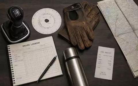 Professionelles Flatlay-Bild mit Fahrerhaus-Accessoires: Schaltknüppel, Tachografscheibe, Lederhandschuhe, Straßenkarte und Fahrtenbuch – visualisiert den Berufsalltag der Fahrer, die Fahrzeuge der Daimler Truck Holding AG (ISIN DE000DTR0CK8) steuern - Foto: THN