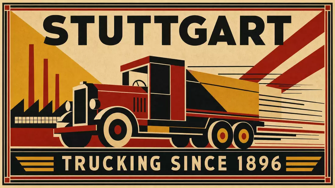Bauhaus-Constructivist-Poster mit geometrischem LKW in Rot-Schwarz-Gold, Schriftzug STUTTGART und TR