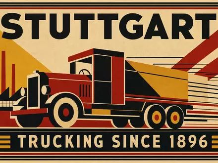 Grafisches Vintage-Bauhaus-Poster mit geometrischem LKW-Motiv, Aufschrift STUTTGART und TRUCKING SINCE 1896 – eine Hommage an die industrielle Transportgeschichte Stuttgarts, der Heimatregion der Daimler Truck Holding AG (ISIN DE000DTR0CK8) - Foto: THN