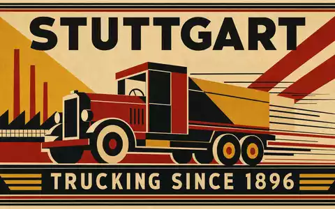 Grafisches Vintage-Bauhaus-Poster mit geometrischem LKW-Motiv, Aufschrift STUTTGART und TRUCKING SINCE 1896 – eine Hommage an die industrielle Transportgeschichte Stuttgarts, der Heimatregion der Daimler Truck Holding AG (ISIN DE000DTR0CK8) - Foto: THN