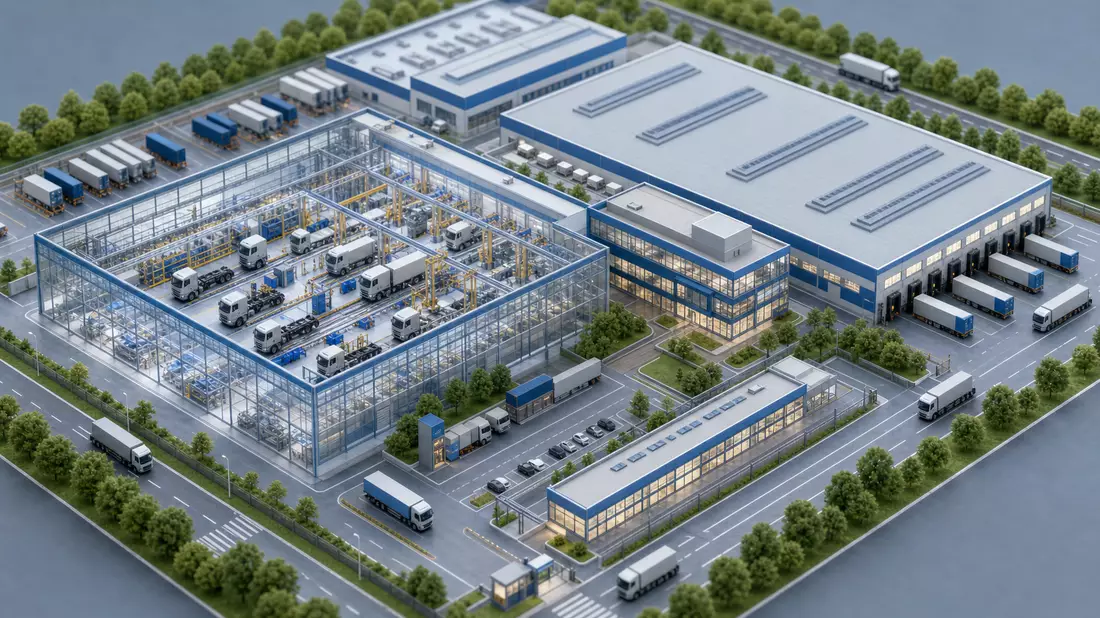 Isometrische Miniatur-3D-Ansicht eines LKW-Werksgeländes mit Produktionshallen, Lkws und Grünanlagen
